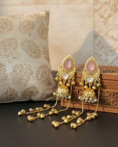 traditional kashmiri jhumka earrings with pink stone & long chains