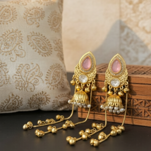 traditional kashmiri jhumka earrings with pink stone & long chains